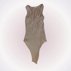 Super Down Neutral Tan V-Neck Ribbed Sweater Bodysuit | Sz S